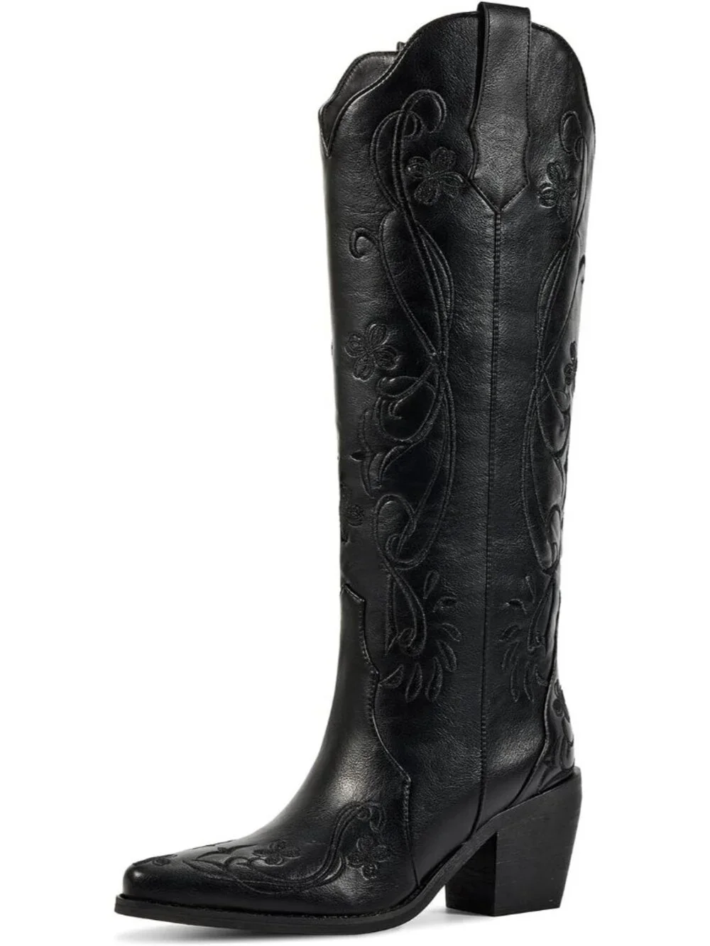 Women's Classic Black Floral Faux Leather Knee High Western Style Cowgirl Boots